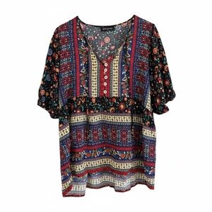 Whimsygoth Floral Boho Peasant Blouse L Cottagecore Button Front Flowy Top